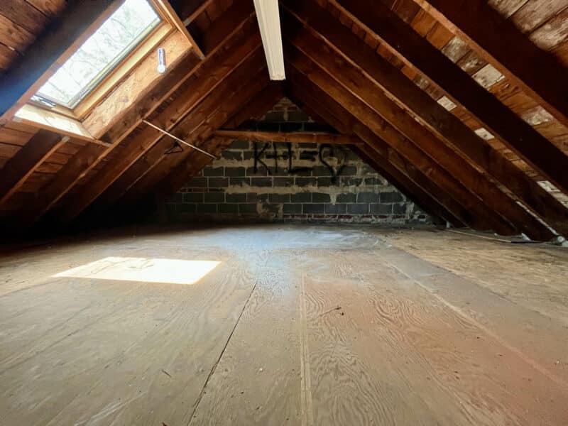 Unfinished attic with pitched ceiling, exposed rafters, and skylight at 5501 W. Forest Park Avenue.
