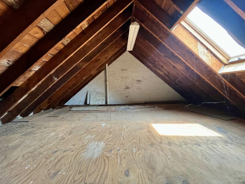 Unfinished attic with exposed beams, two skylights, and plywood flooring at 5501 W. Forest Park Avenue.