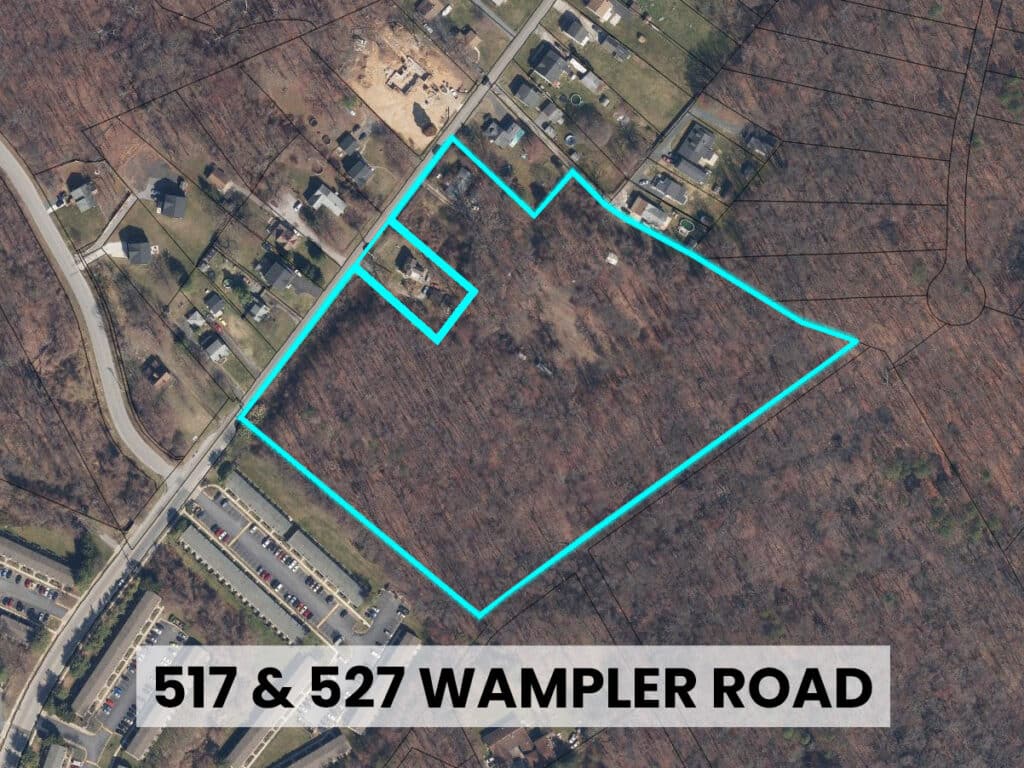 Aerial view of 11.84± acre residential development site in Middle River, MD, outlined in blue.