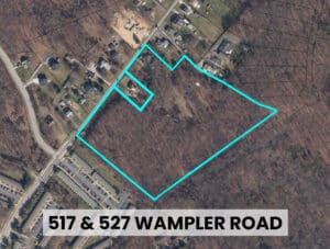 Aerial view of 11.84± acre residential development site in Middle River, MD, outlined in blue.