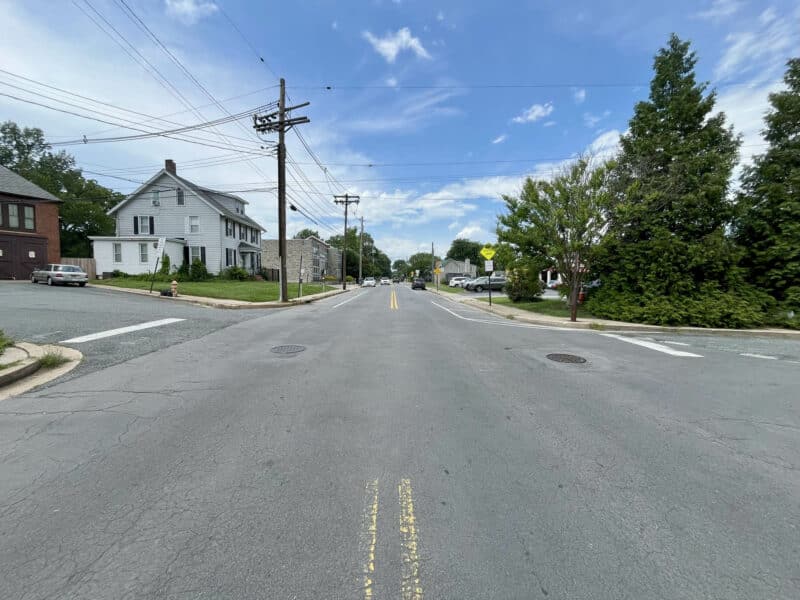 Northward view along Bellona Avenue with residential homes and utility lines