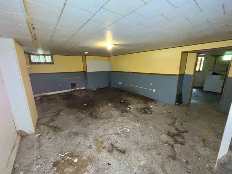 Basement with partially finished walls, drop ceiling, and damaged flooring.