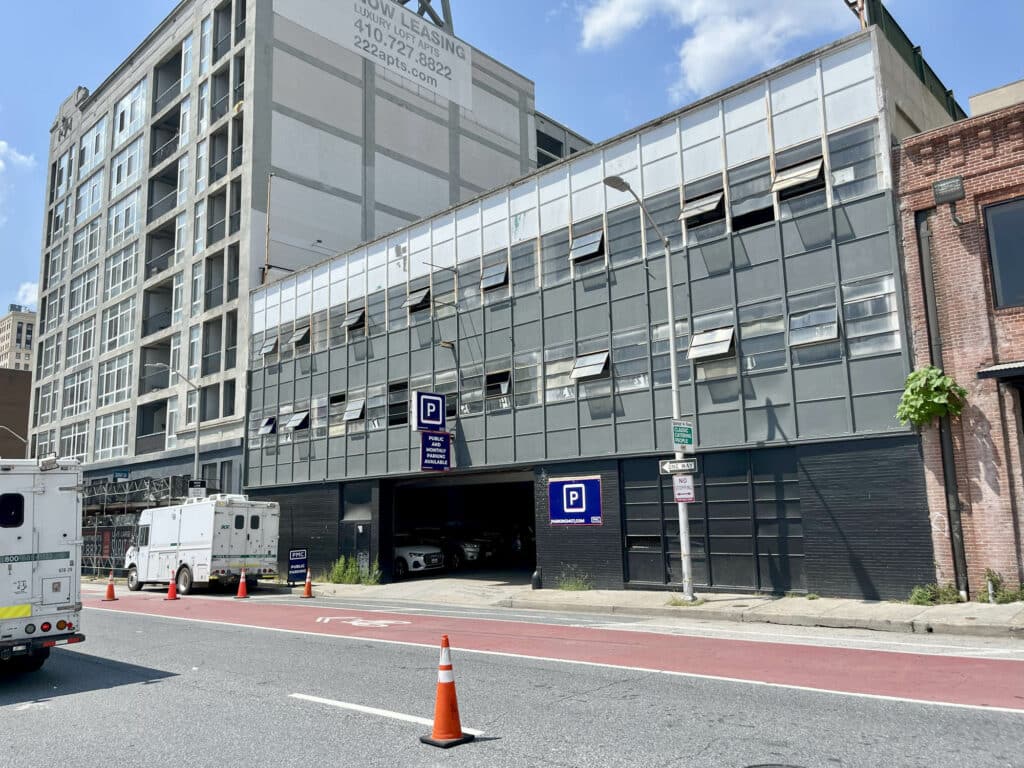 Exterior view of multi-story parking garage at 310 Guilford Avenue in Downtown Baltimore
