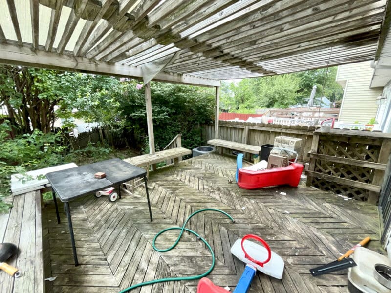 Wooden rear deck with fenced yard at 12366 Bonfire Drive in Reisterstown, Maryland.