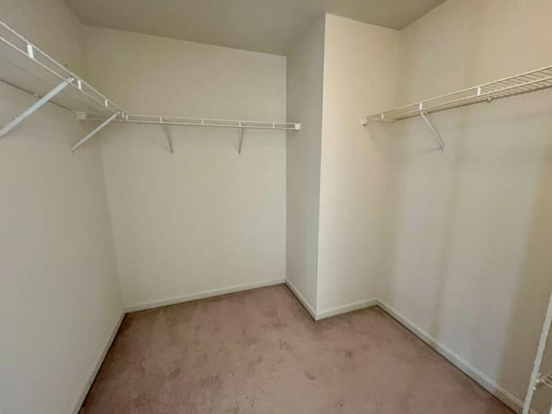 Walk-in closet with carpet flooring and built-in wire shelving.