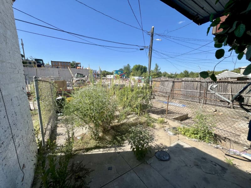 Rear yard with concrete patio, fencing, and overgrown vegetation at 2115 E. Federal Street, Broadway East, Baltimore.