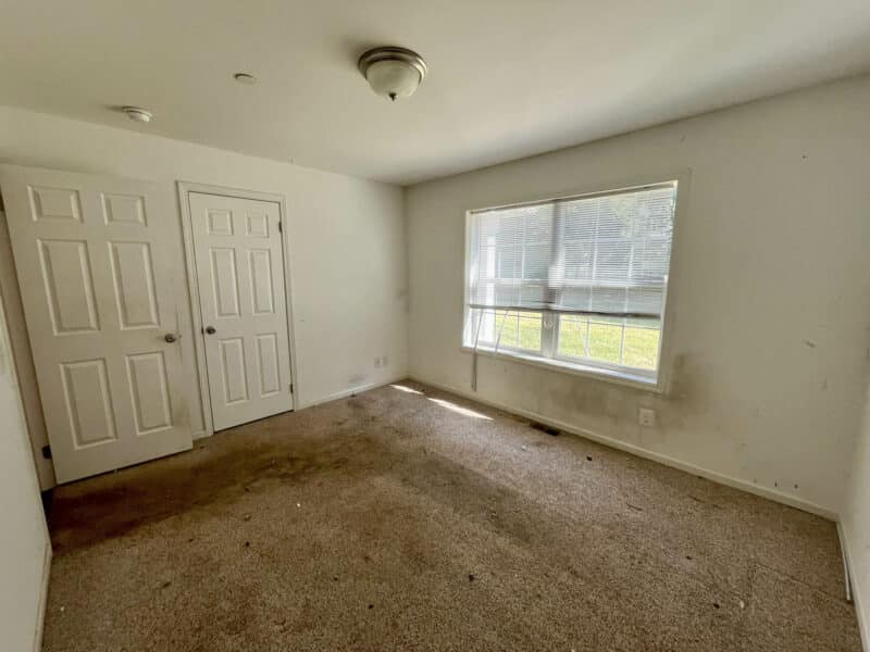 Carpeted bedroom with closet and window providing natural light.