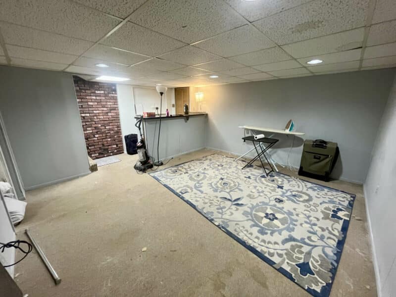 Finished basement club room at 1000 Downton Road in Arbutus with recessed lighting, carpet, and space for recreation or storage.