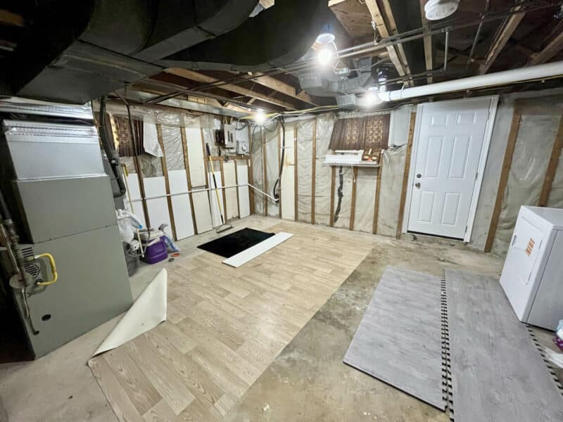 Laundry and utility room with washer, dryer, exposed framing, and mechanical systems in Arbutus townhome.