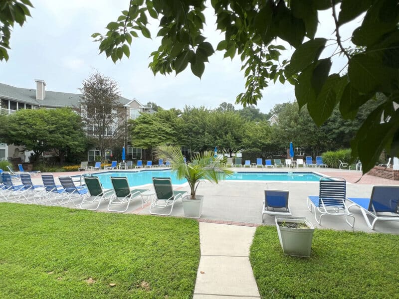 Community swimming pool with lounge seating, palm planters, and landscaped lawn.