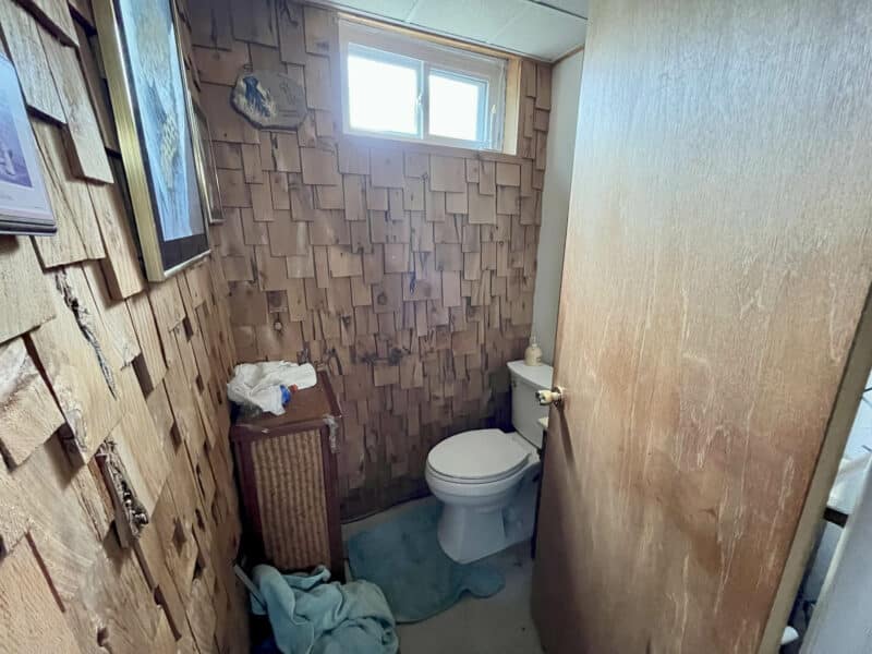 Lower-level bathroom at 2009 Halethorpe Avenue in Halethorpe Terrace, Baltimore County, with toilet, small vanity, wood-paneled walls, and window, requiring updates.