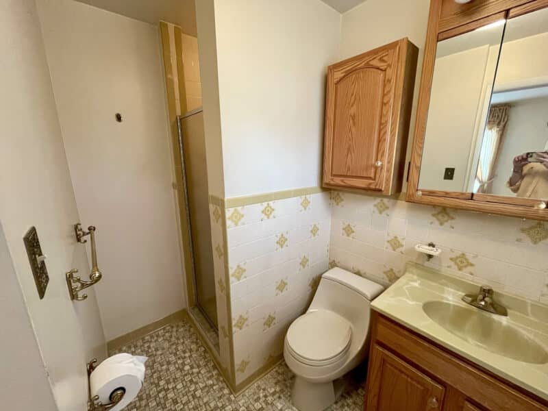 Primary bathroom with shower and wood vanity in Dundalk Farms rancher.