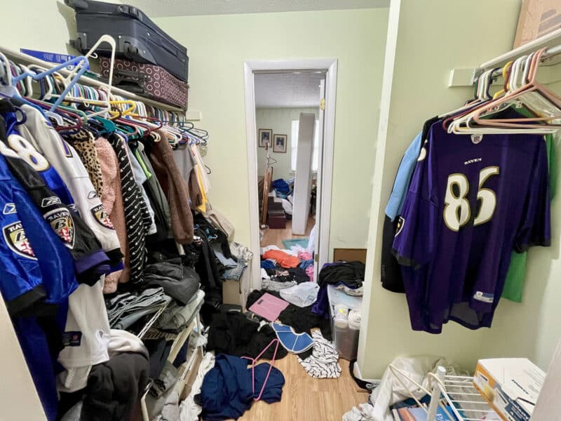Pass-through closet at 2009 Halethorpe Avenue in Halethorpe Terrace, Baltimore County, with hanging space on both sides and access to adjoining rooms.