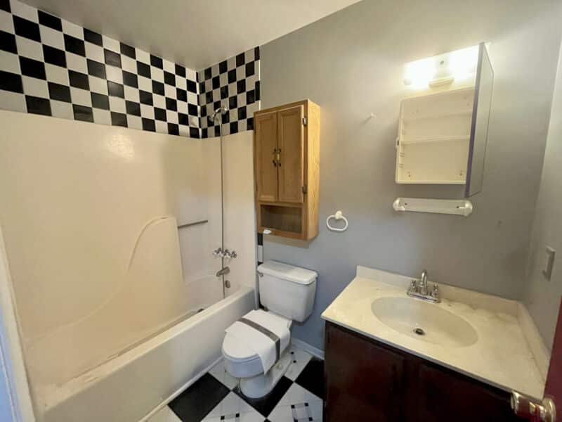 Full bathroom with black-and-white checkerboard tile accents, bathtub, toilet, and vanity.