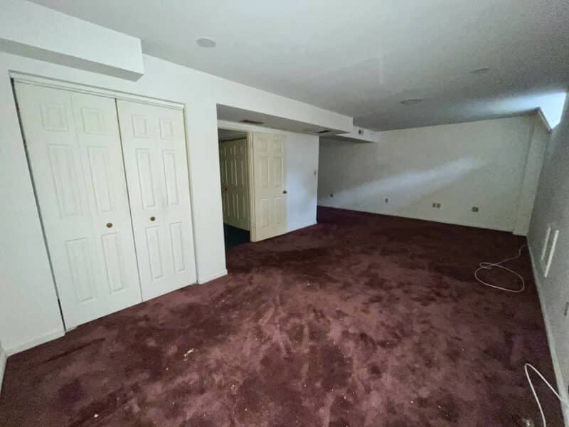 Lower-level recreation room with purple carpeting, double closets, and recessed lighting.