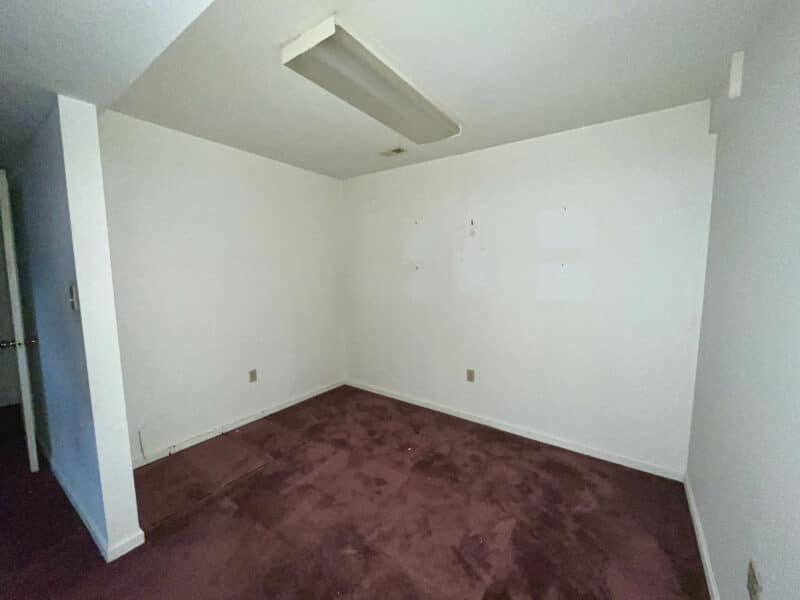 Finished lower-level bonus room with purple carpeting and white walls.