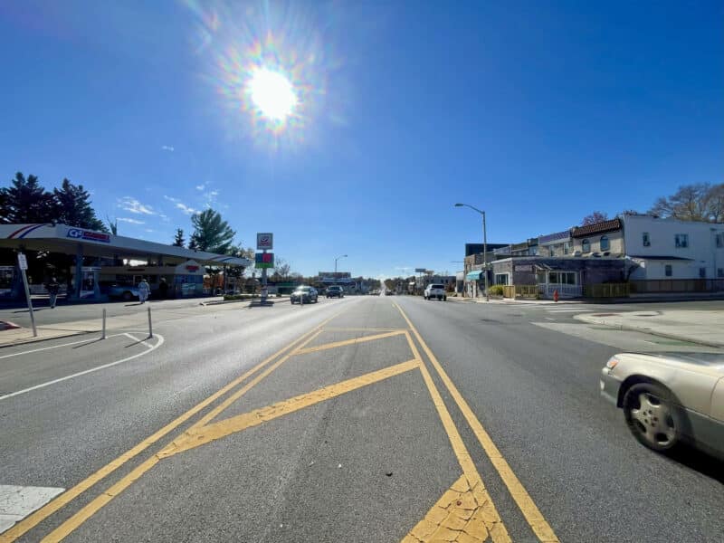 Street view of Harford Road commercial corridor near 6826–28 Harford Road showing retail activity and traffic exposure.