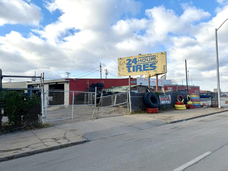 Commercial building with tire shop frontage at 3210 E. Monument Street in Baltimore City