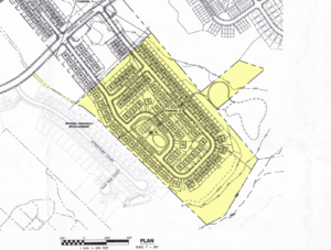 Illustrated site plan highlighting a proposed residential subdivision layout across the Stokers Lane parcel, including road loops, lot outlines, and adjoining neighborhoods.