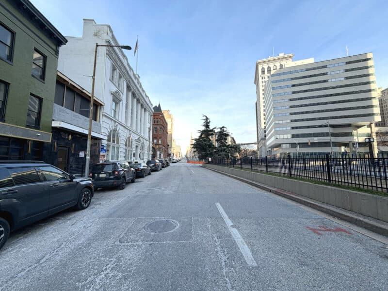 Downtown Baltimore street view near 8–14 Park Avenue with nearby office buildings.