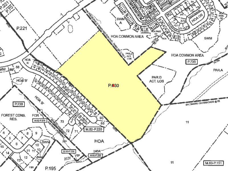 Tax map highlighting the Stokers Lane parcel in yellow, showing surrounding residential subdivisions, HOA common areas, and roadway connections.