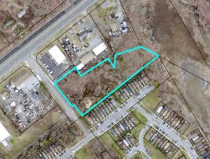 Aerial map showing the 2.31± acre development parcel at 1071 Sand Pebble Drive in Edgewood, Harford County MD with property boundaries highlighted.