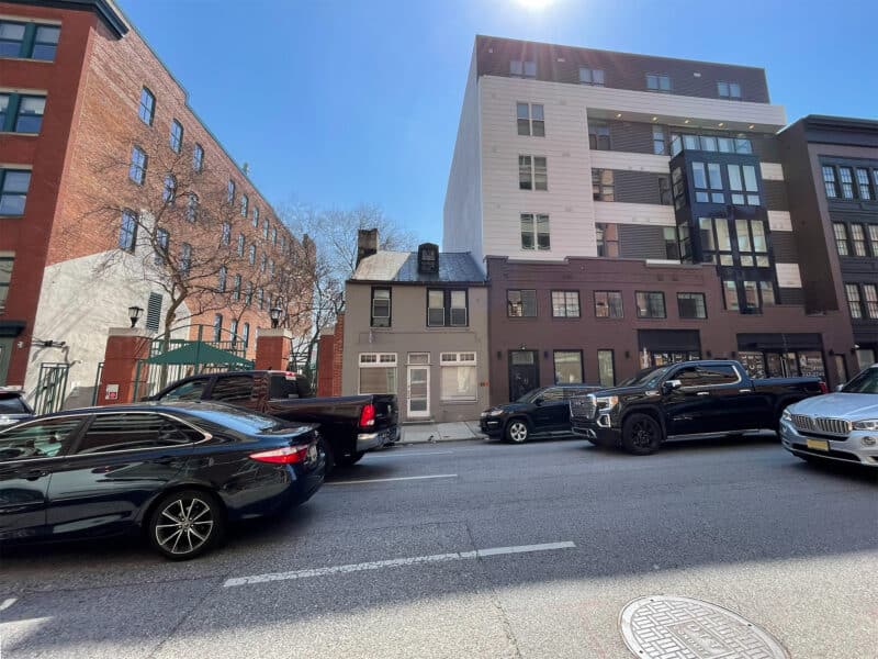 Commercial building streetscape opposite University of Maryland Baltimore campus