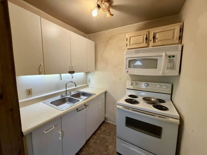 Compact kitchen with white cabinetry, electric range, microwave, and double sink