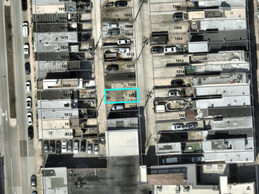 Aerial view identifying 1822 Olive Street lot in South Baltimore