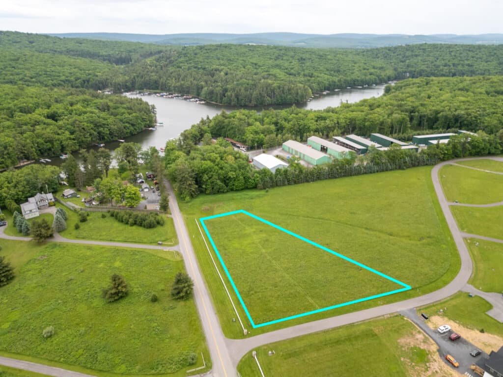 Aerial view of 1.27 acre lot with boundary outline near Deep Creek Lake
