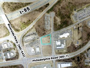 Annotated aerial showing commercial parcel near I-95 Riverside Parkway and Philadelphia Road Belcamp MD