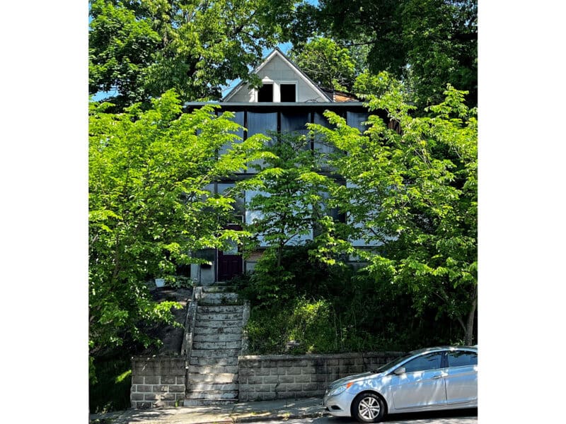Street view of 500 E. 42nd Street showing mature trees and elevated lot in Pen Lucy.