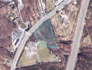 Aerial GIS view of 5.88± acre wooded parcel along Columbia Pike in Burtonsville, Montgomery County, Maryland