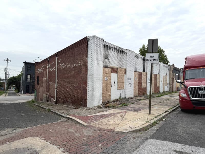 Corner view of 1931-1945 Frederick Avenue industrial property in Baltimore