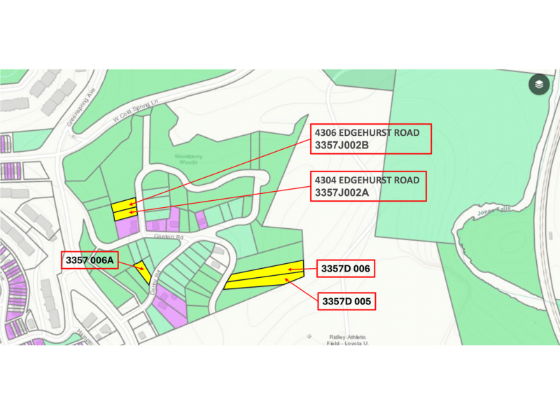 Parcel map identifying five residential lots in Woodberry Woods, Baltimore, Maryland