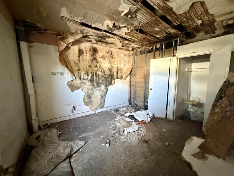 Deteriorated interior room at 4900 Curtis Avenue with damaged plaster ceiling, exposed wood lath, and deteriorating wall finishes.